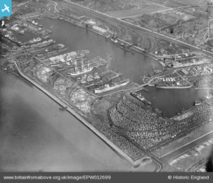 Aerial black and white photo of the Alexandra Dock