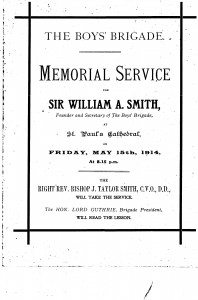 Front cover of the order of service for the memorial of W. A. Smith. By kind permission of the 3rd Enfield Company of the Boys' Brigade