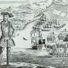 Bartholomew Roberts with his ship and captured merchant ships in the background. A copper engraving from 'A History of the Pyrates' by Captain Charles Johnson c. 1724