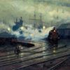 Oil painting showing a train coming in to a multi-track railyard, with ships masts and smokestacks in the distance.