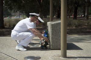 CANBERRA, Australia (Feb. 10, 2015) Chief of Naval Operations (CNO) Adm. Jonathan Greenert and Vice Adm. Tim Barrett, the Australian chief of navy, lay wreaths at the Royal Australian Navy Memorial on Anzac Parade. Greenert and Barrett placed the wreaths at the monument in honor of the men and women of Australia's sea service. 