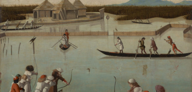 Vittore Carpaccio, “Hunting on the lagoon,” ca. 1490. [Getty Museum: public domain image] According to the Getty’s caption, these Venetian archers “use clay pellets rather than arrows in order to stun the birds and not damage their plumage.”