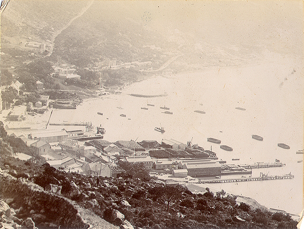Simon's Town coaling station. Note the coal hulks in the harbour, and the piles of unprotected coal on shore. Courtesy of Simon's Town Historical Society.