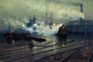 Oil painting showing a train coming in to a multi-track railyard, with ships masts and smokestacks in the distance.